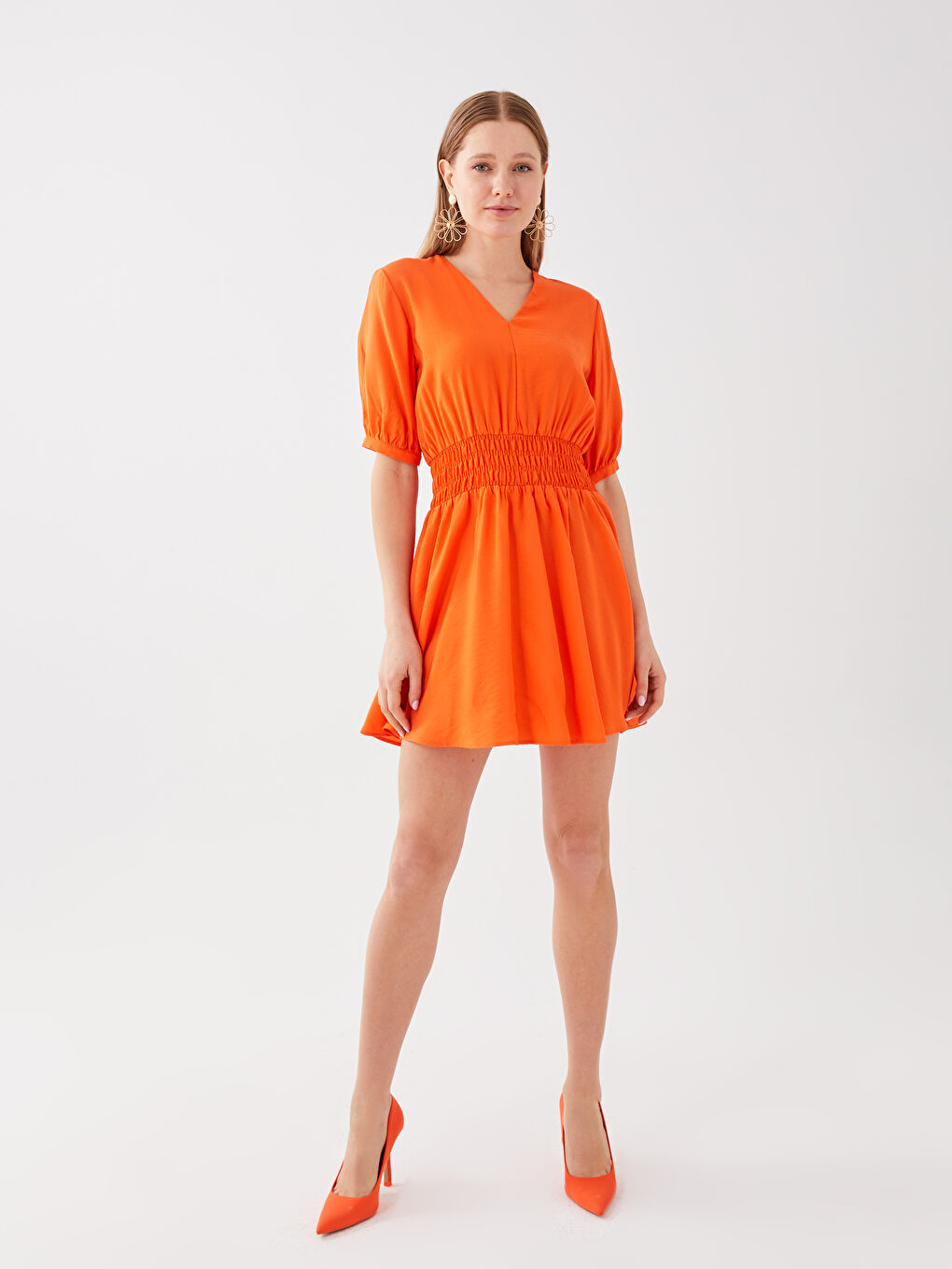 LC Waikiki V Neck Plain Short Sleeve Women's Dress -S3CO76Z8-GSA
