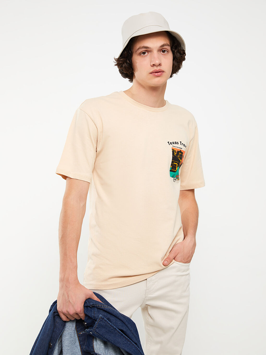 Bej Bisiklet Yaka Kısa Kollu Baskılı Penye Erkek Tişört-1