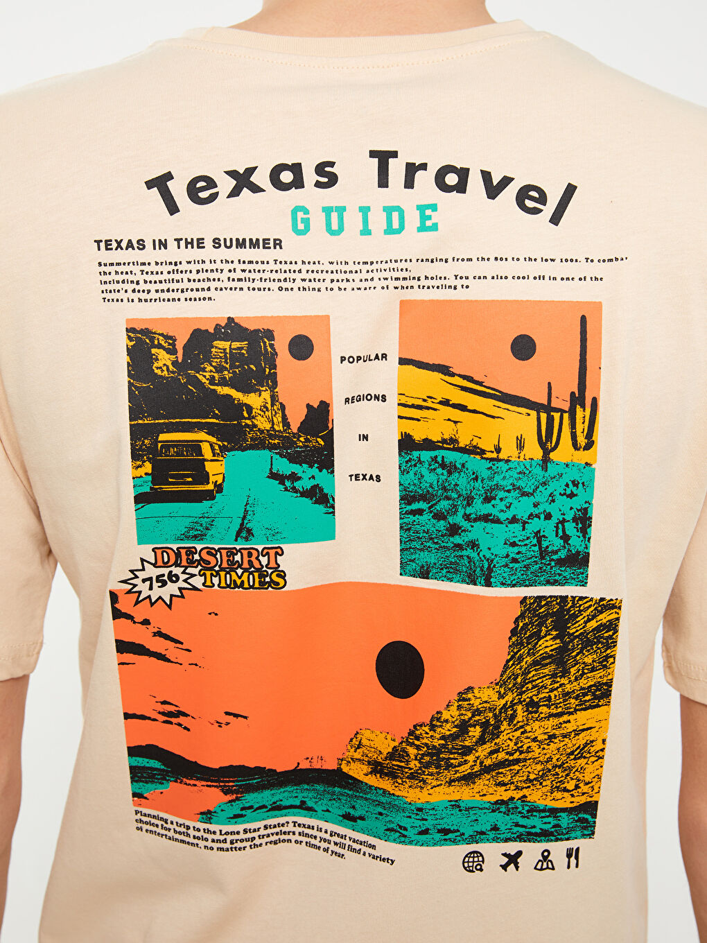 Bej Bisiklet Yaka Kısa Kollu Baskılı Penye Erkek Tişört-3