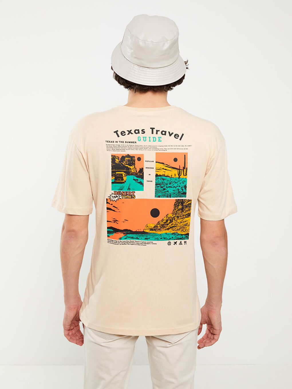 Bej Bisiklet Yaka Kısa Kollu Baskılı Penye Erkek Tişört-4