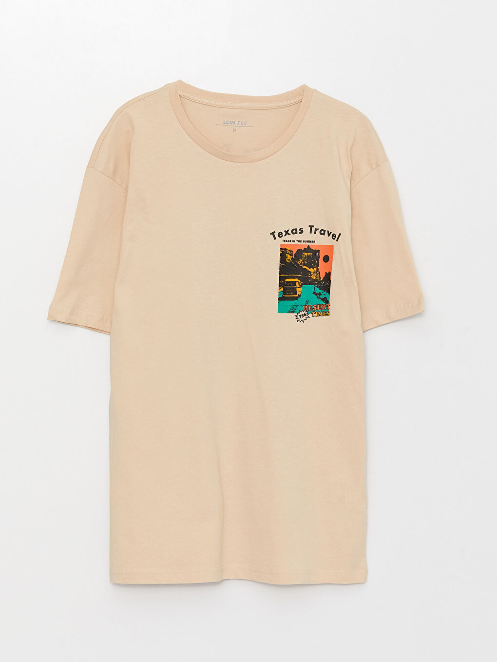 Bej Bisiklet Yaka Kısa Kollu Baskılı Penye Erkek Tişört-5