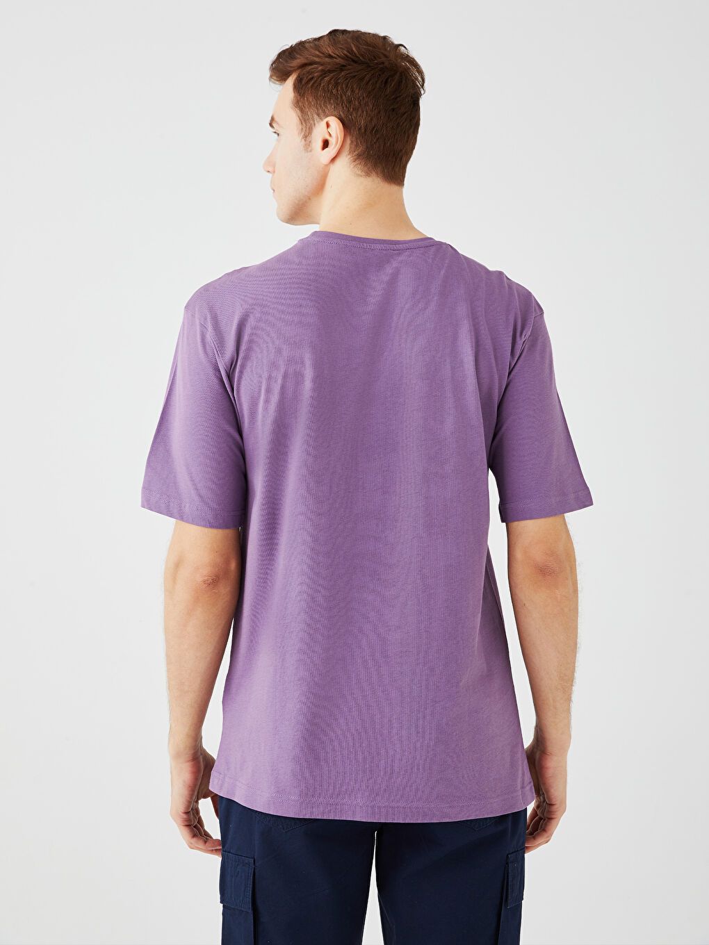 Mor Bisiklet Yaka Kısa Kollu Baskılı Penye Erkek Tişört-4