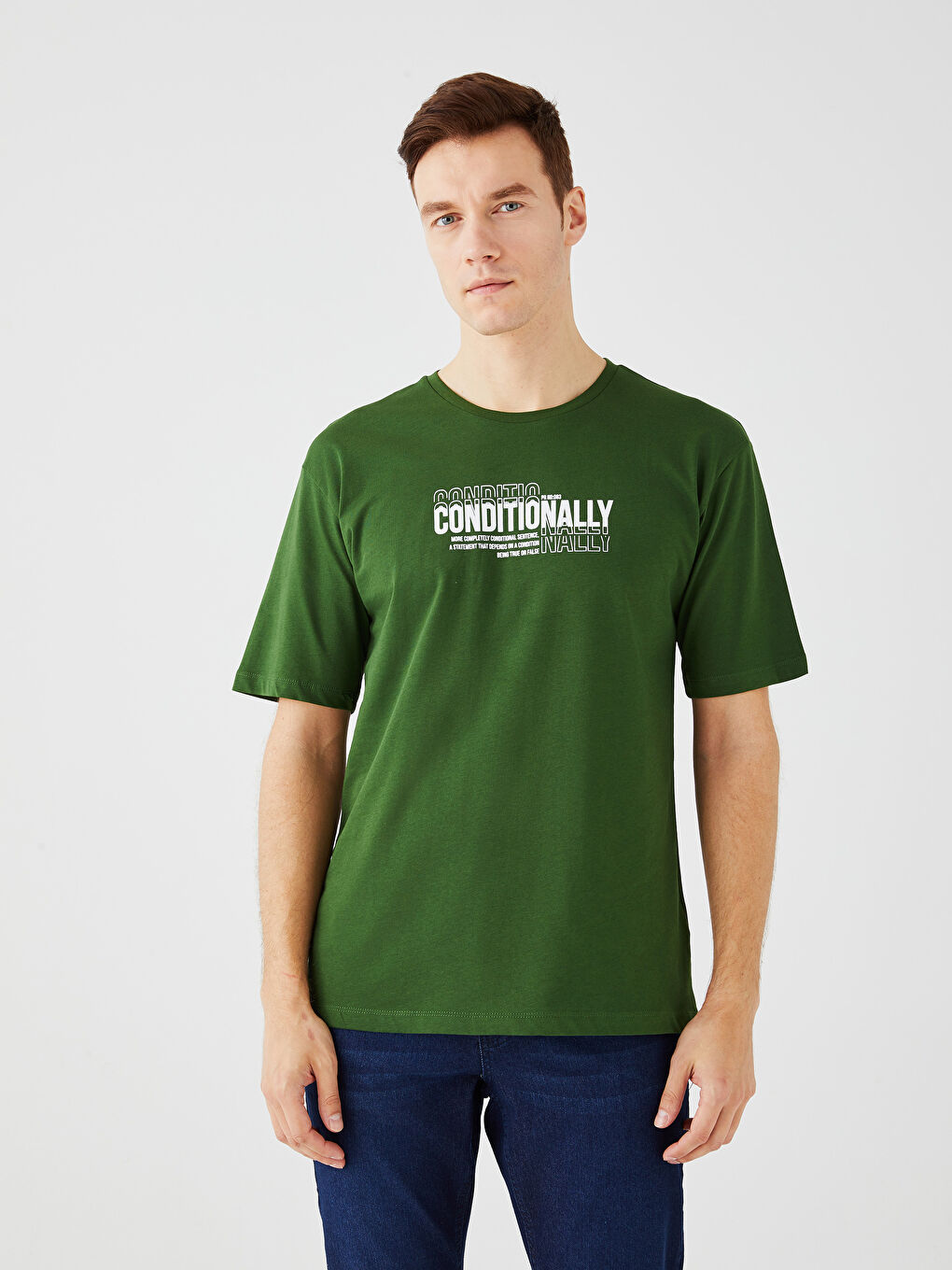 Yeşil Bisiklet Yaka Kısa Kollu Baskılı Penye Erkek Tişört