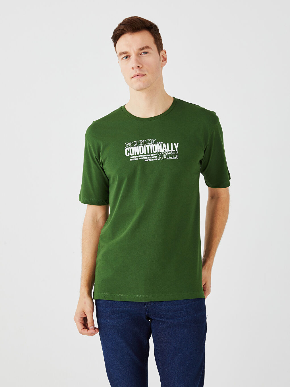 Yeşil Bisiklet Yaka Kısa Kollu Baskılı Penye Erkek Tişört-1