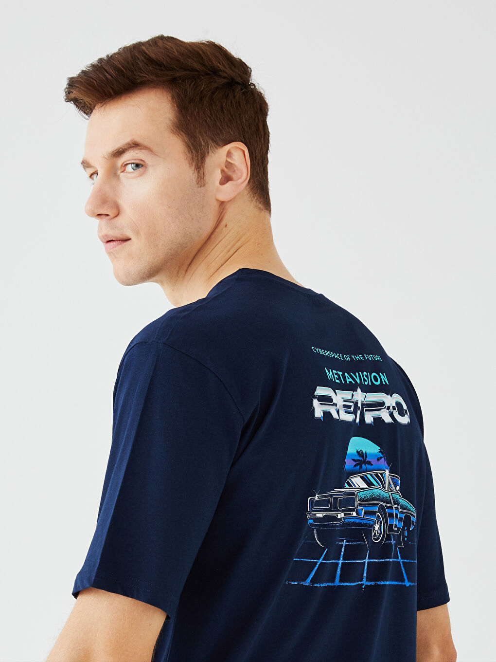 Lacivert Bisiklet Yaka Kısa Kollu Baskılı Penye Erkek Tişört