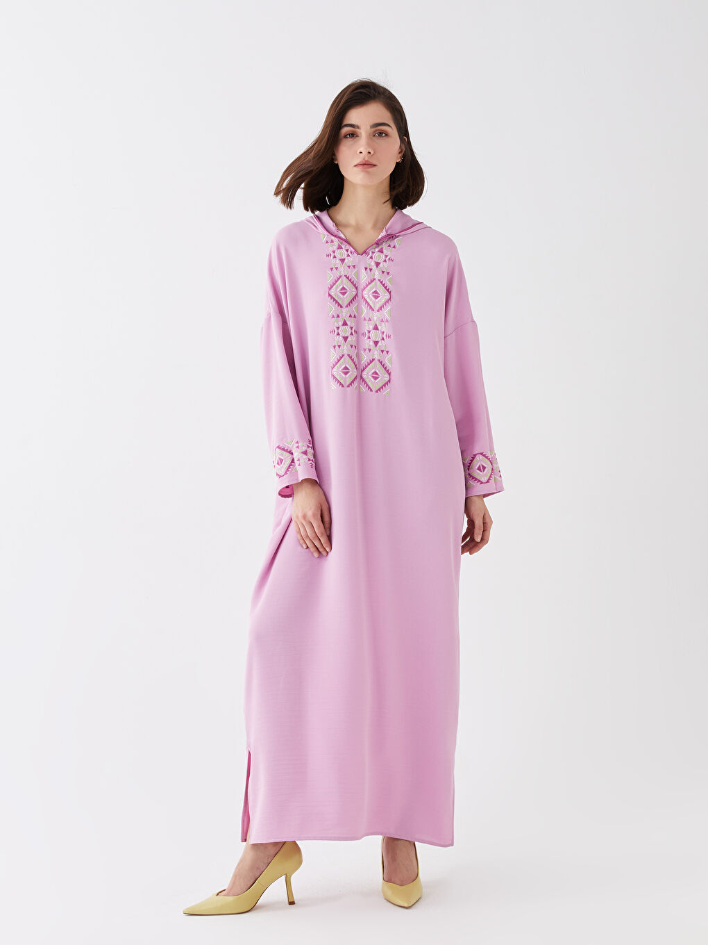 Lila Kapüşonlu Nakışlı Uzun Kollu Oversize Aerobin Kadın Elbise-1
