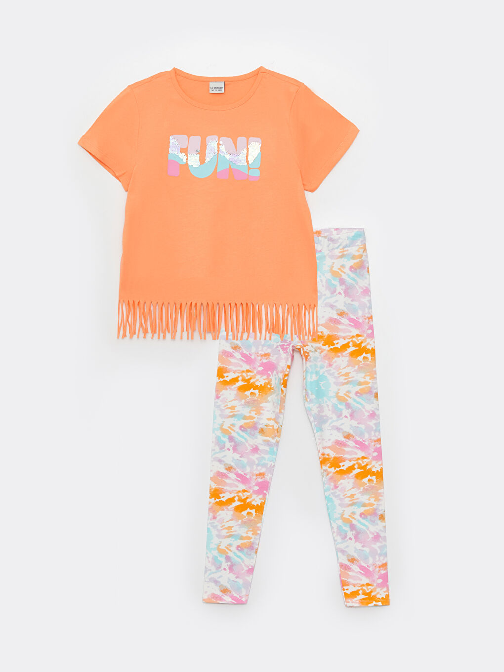 Turuncu Bisiklet Yaka Baskılı Uzun Kollu Kız Çocuk Tişört ve Tayt