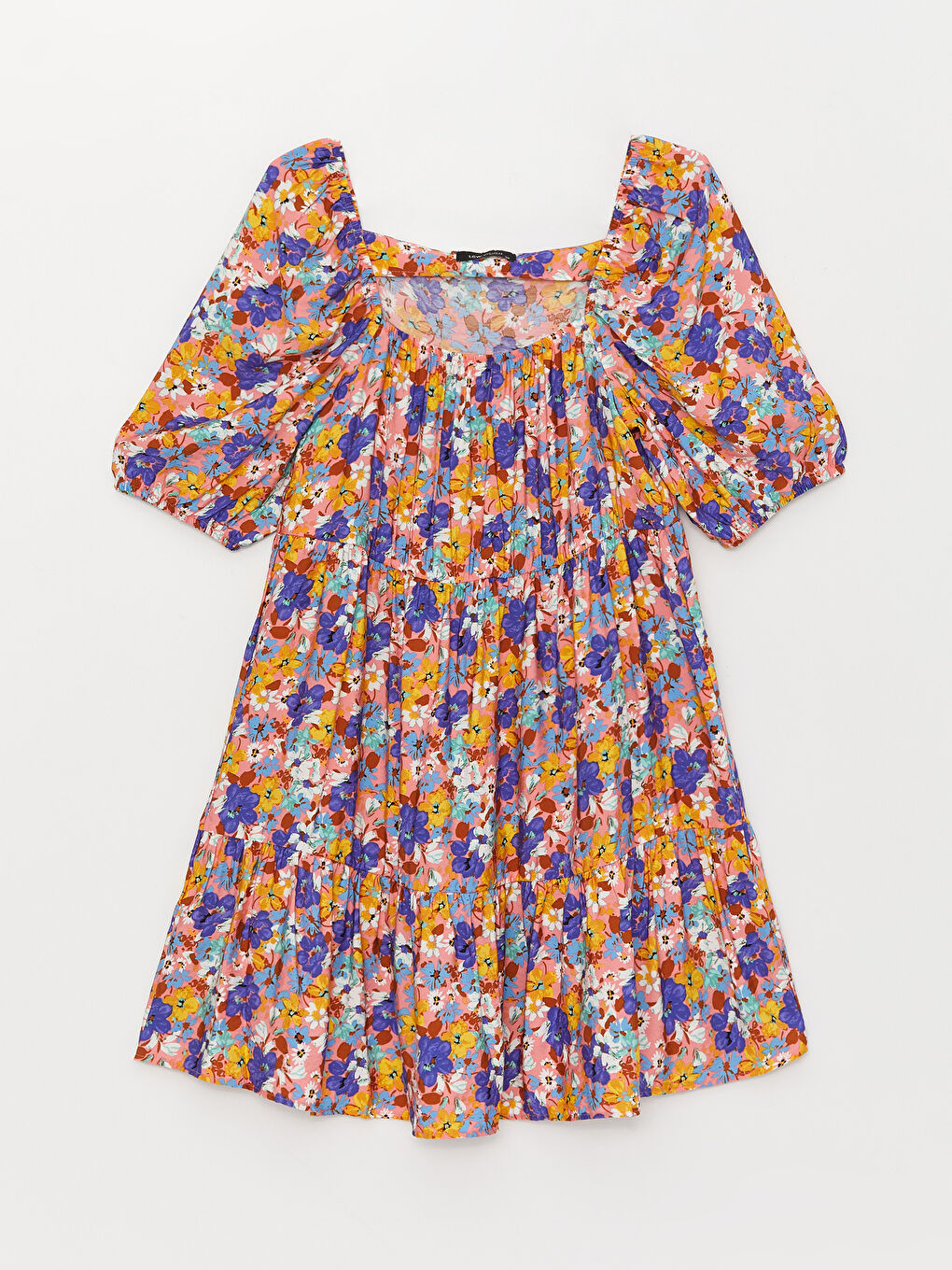 Әйелдерге арналған шаршы жағалы гүлді өрнек қысқа жең көйлек-5