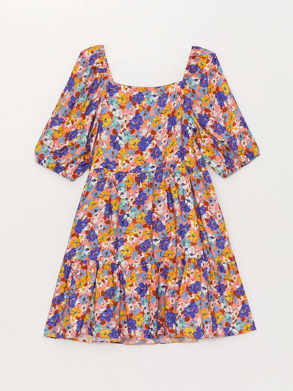 Әйелдерге арналған шаршы жағалы гүлді өрнек қысқа жең көйлек-6