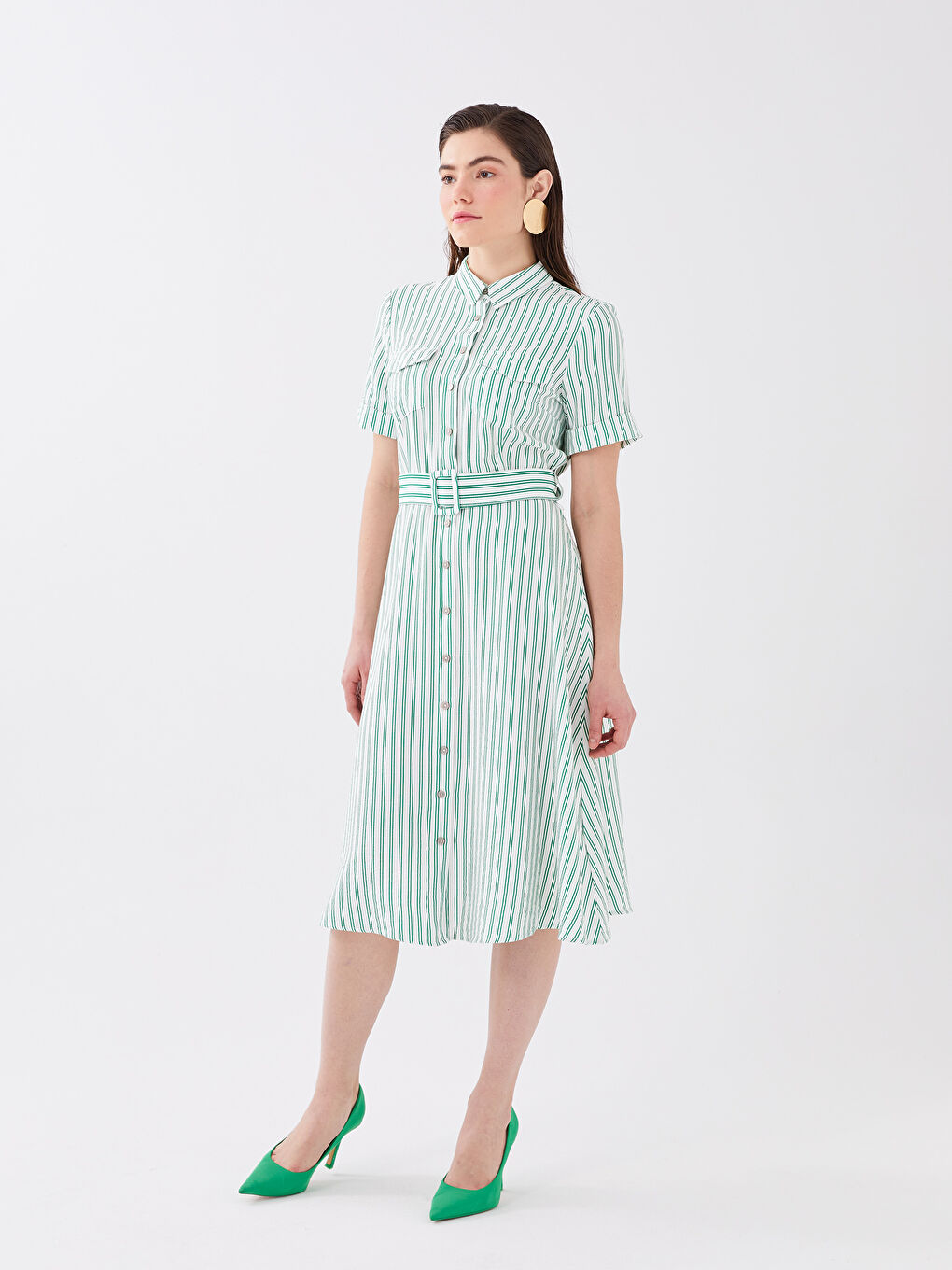 Rochie pentru Femei cu Guler de Cămașă, Vărgată, Mânecă Scurtă