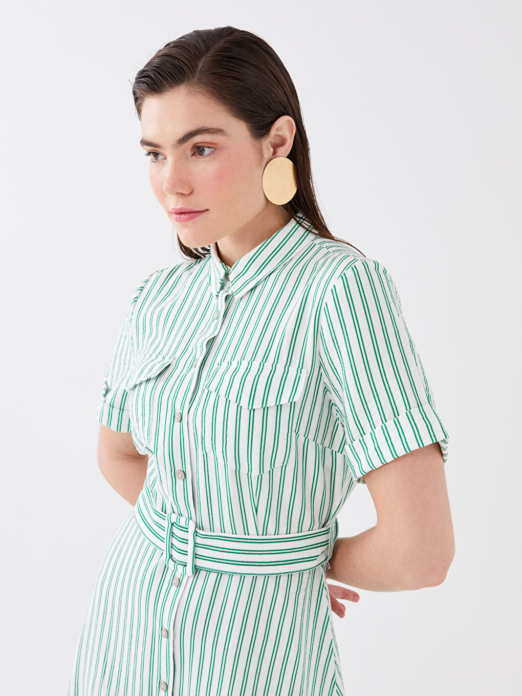 Rochie pentru Femei cu Guler de Cămașă, Vărgată, Mânecă Scurtă-1