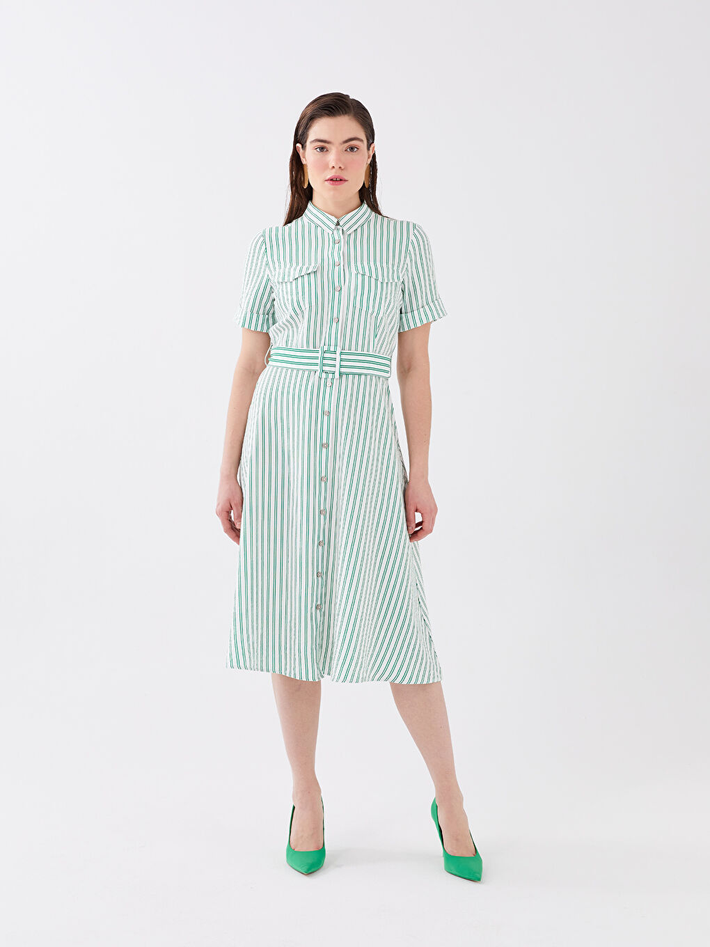 Rochie pentru Femei cu Guler de Cămașă, Vărgată, Mânecă Scurtă-2