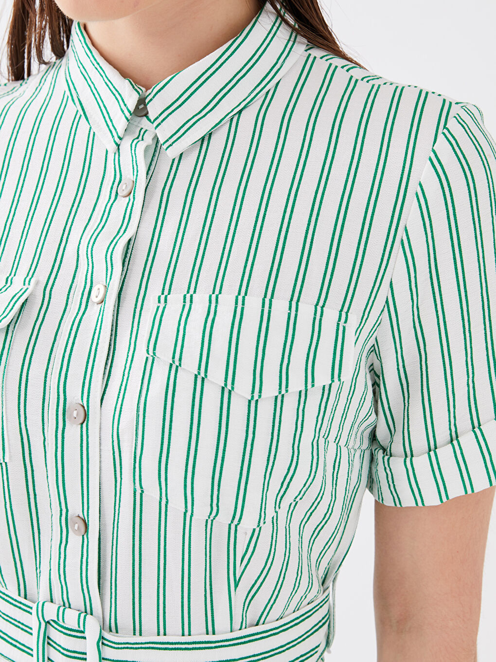 Rochie pentru Femei cu Guler de Cămașă, Vărgată, Mânecă Scurtă-3