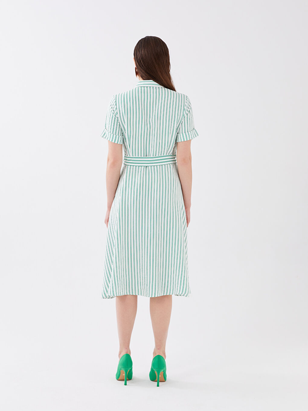 Rochie pentru Femei cu Guler de Cămașă, Vărgată, Mânecă Scurtă-4