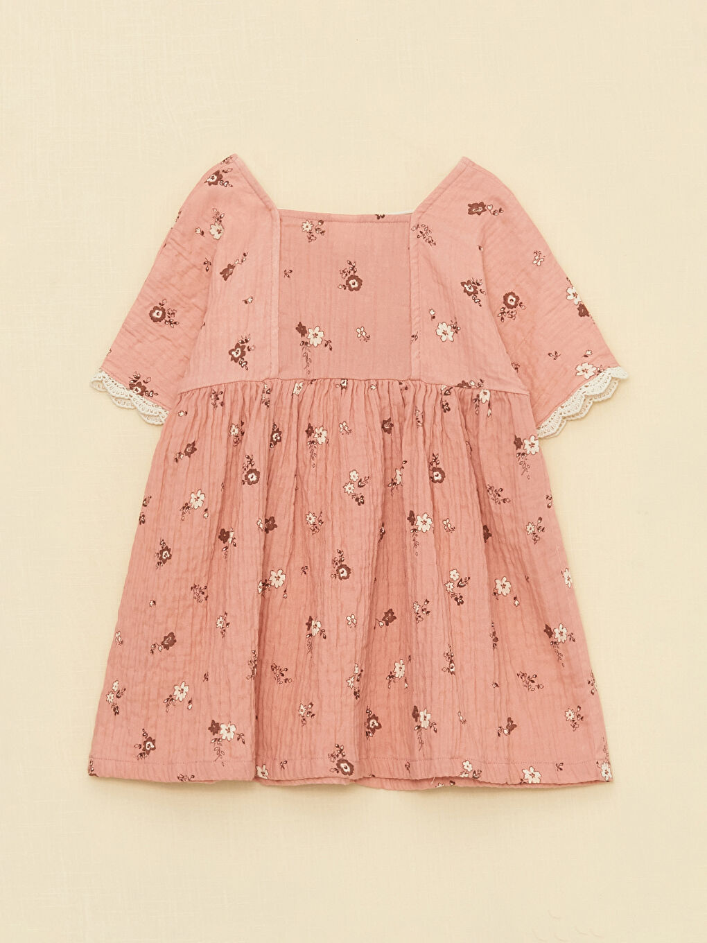 Square Collar Patterned Baby Girls' Dress-4