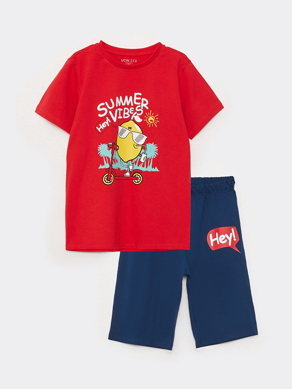 Kırmızı Bisiklet Yaka Baskılı Kısa Kollu Erkek Çocuk Şortlu Pijama Takımı