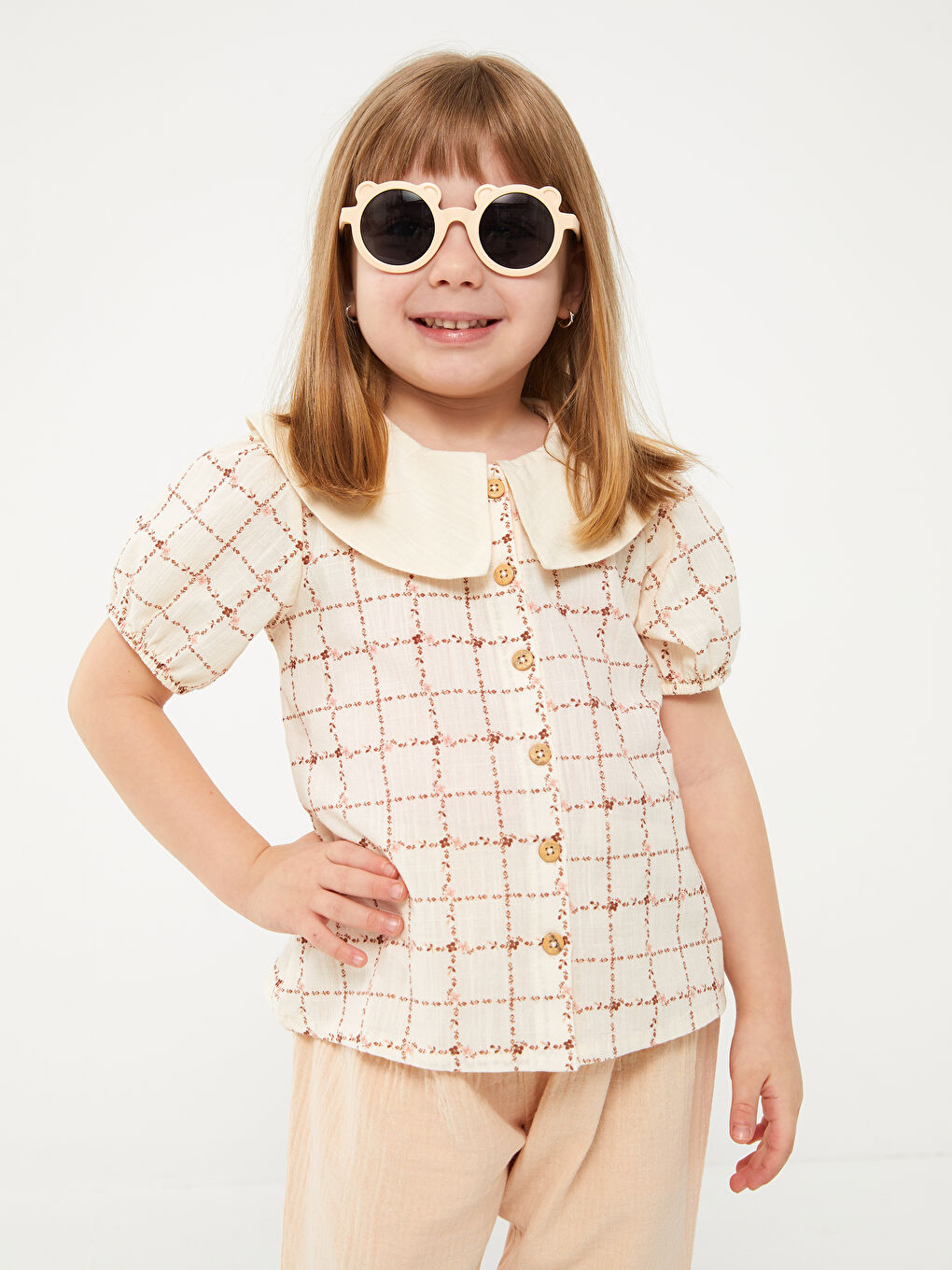 Bebe Collar Short Sleeve Plaid Baby Girl Shirt -S3CP60Z1-LRB