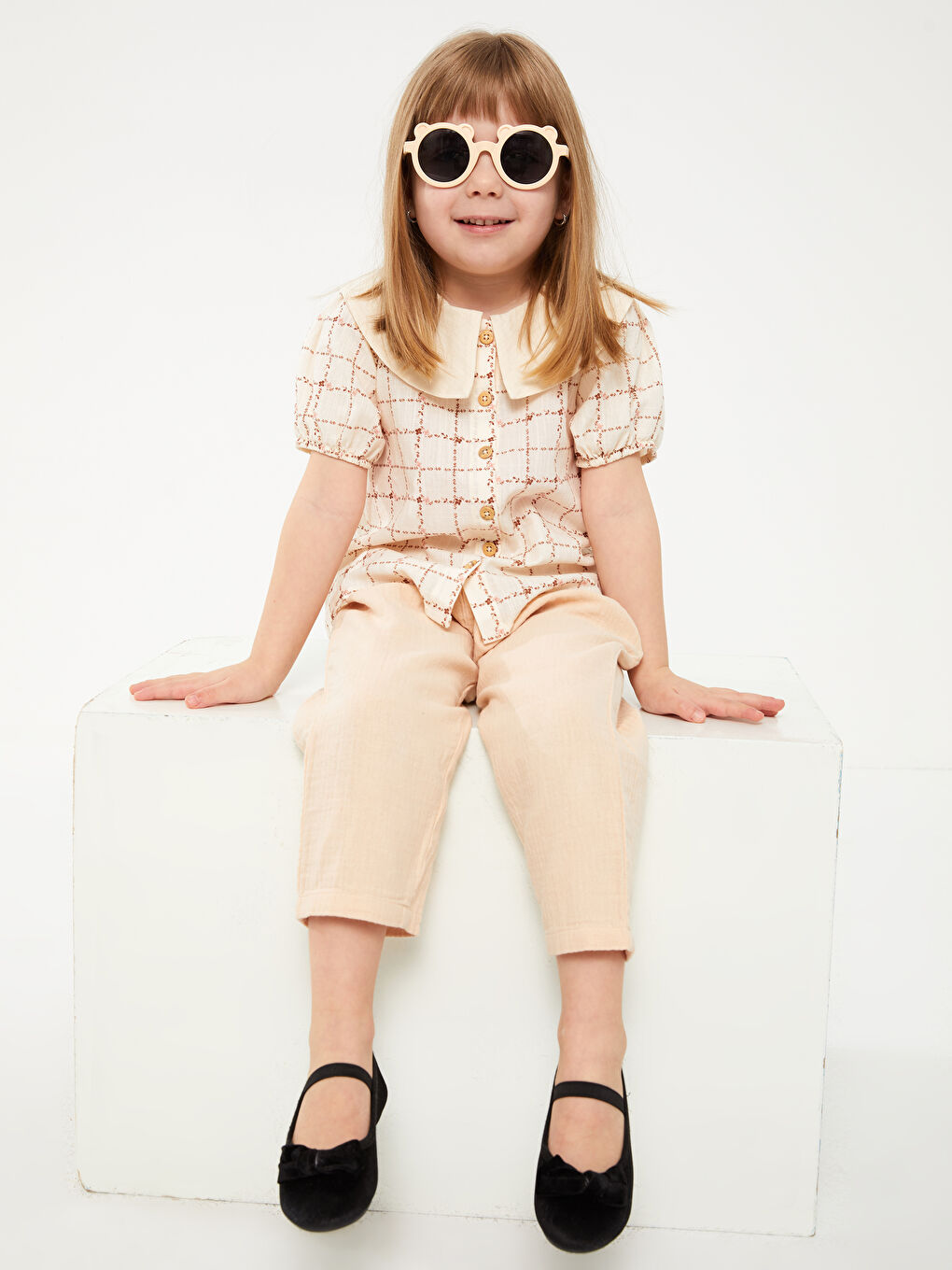 Bebe Collar Short Sleeve Plaid Baby Girl Shirt -S3CP60Z1-LRB