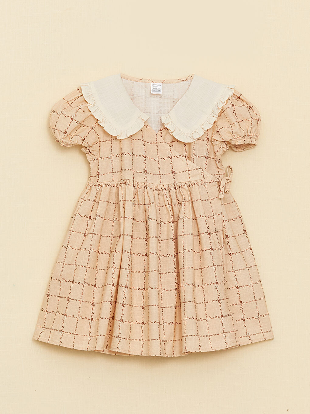 Pembe Bebe Yaka Kısa Kollu Ekose Desenli Kız Bebek Elbise-4