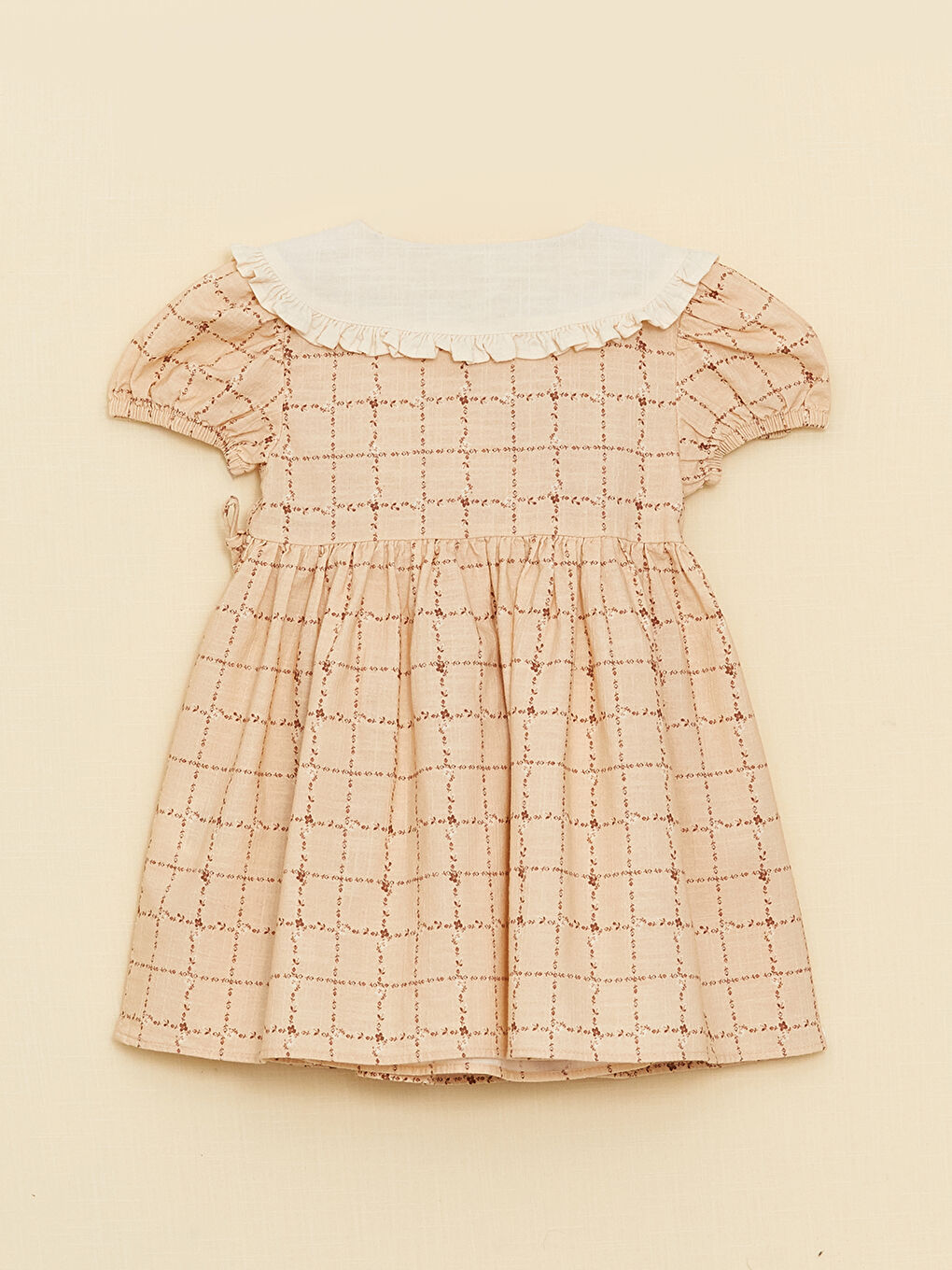 Pembe Bebe Yaka Kısa Kollu Ekose Desenli Kız Bebek Elbise-5