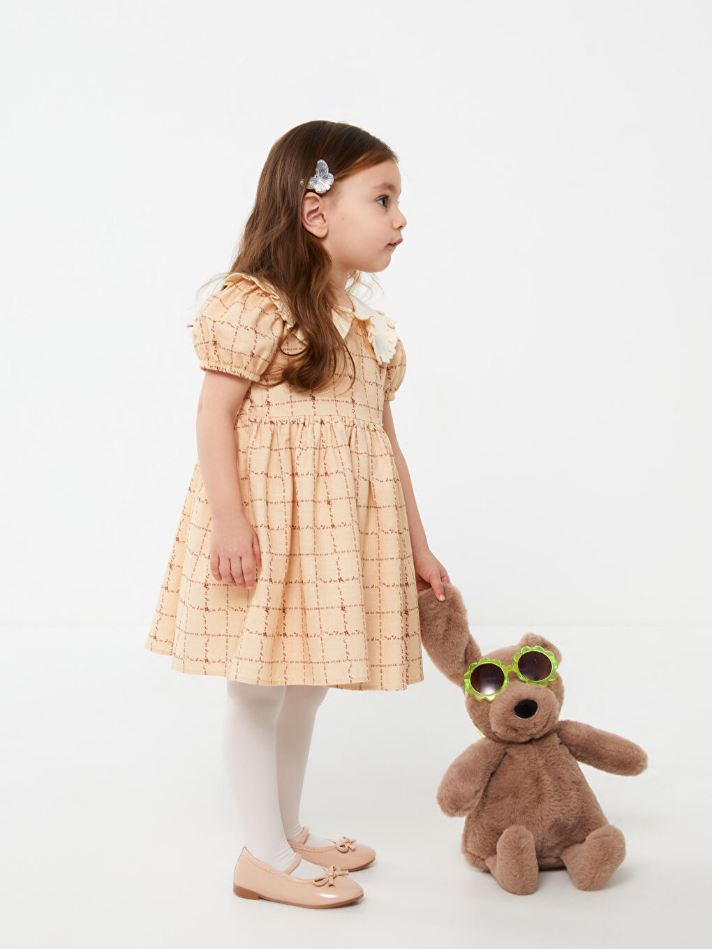 Pembe Bebe Yaka Kısa Kollu Ekose Desenli Kız Bebek Elbise-2