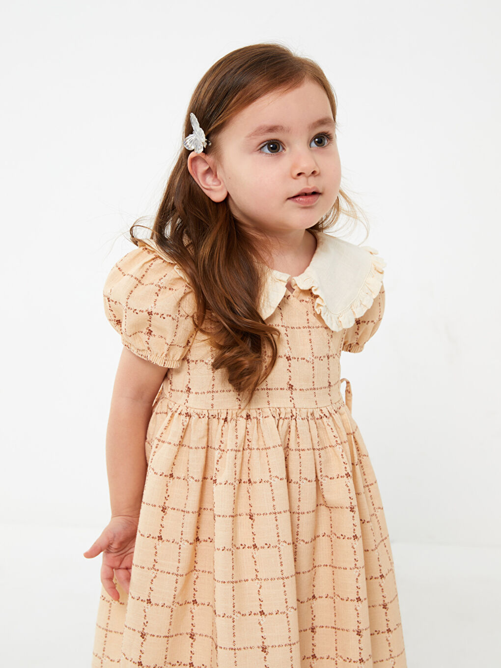 Pembe Bebe Yaka Kısa Kollu Ekose Desenli Kız Bebek Elbise-3