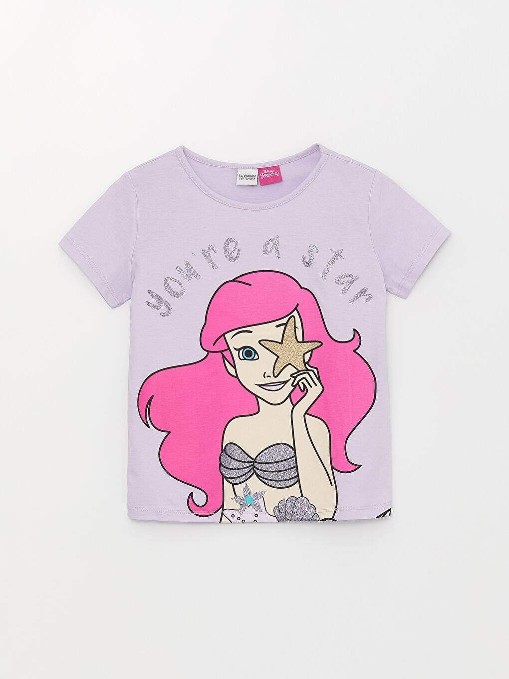 Lila Bisiklet Yaka Disney Princess Baskılı Kısa Kollu Kız Çocuk Tişört