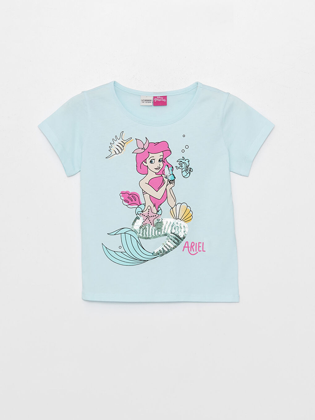 Turkuaz Bisiklet Yaka Disney Princess Baskılı Kısa Kollu Kız Çocuk Tişört
