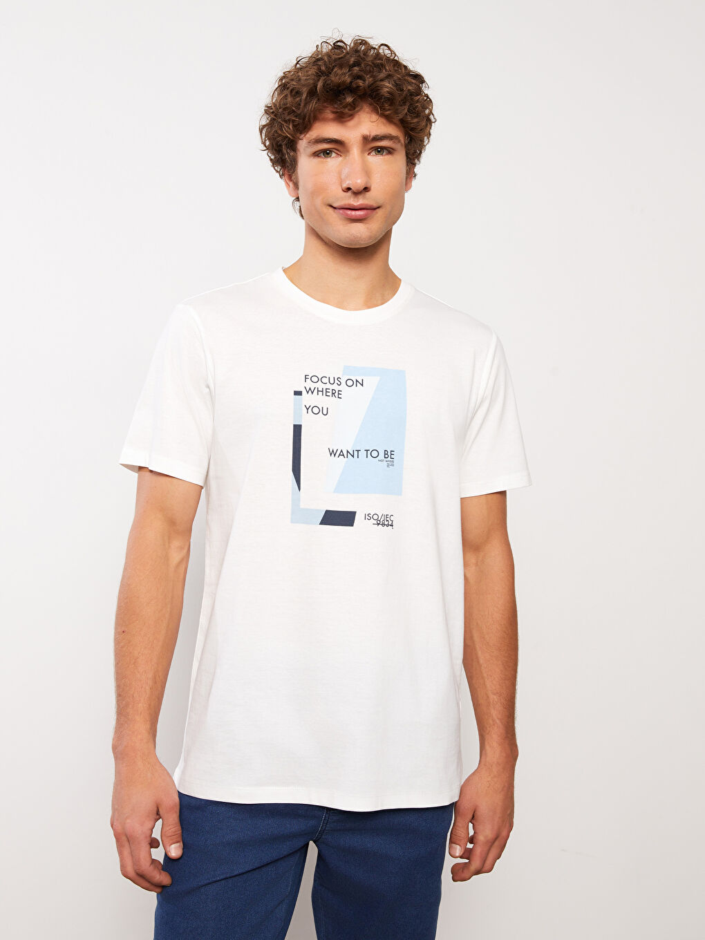 Beyaz Bisiklet Yaka Kısa Kollu Baskılı Penye Erkek Tişört-1