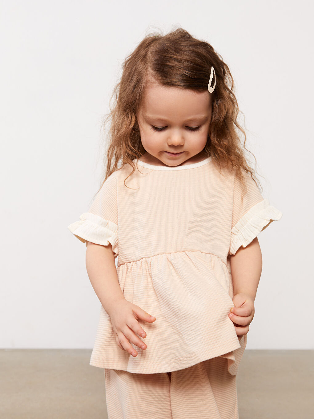 Pembe Bisiklet Yaka Kısa Kollu Kız Bebek Bluz ve Pantolon 2'li Takım-4