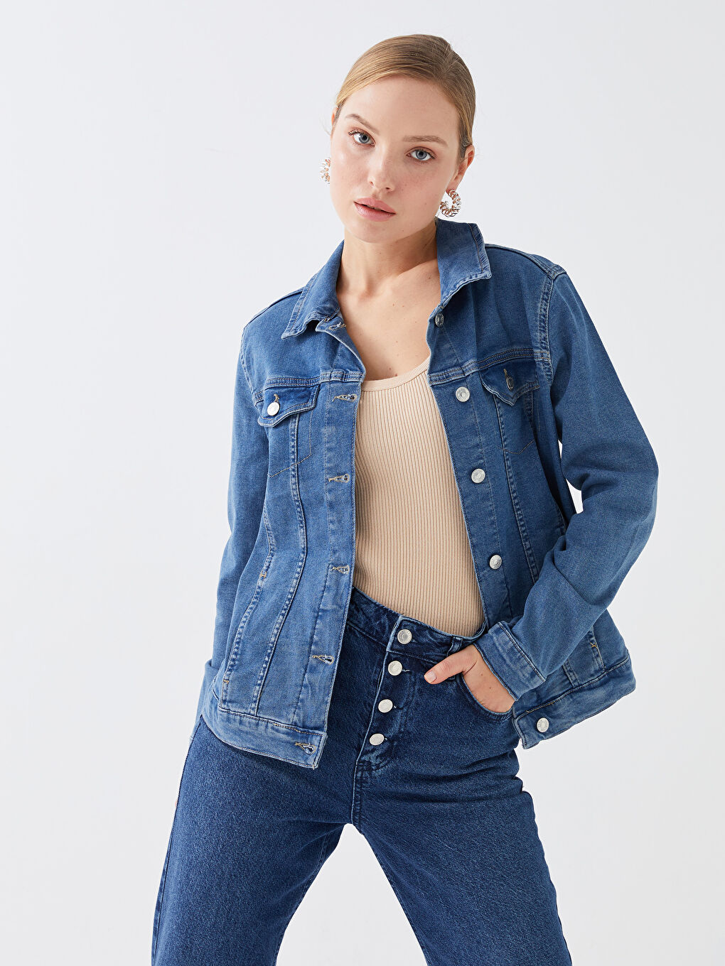 Geacă din denim cu guler de cămașă și mânecă lungă pentru femei-1