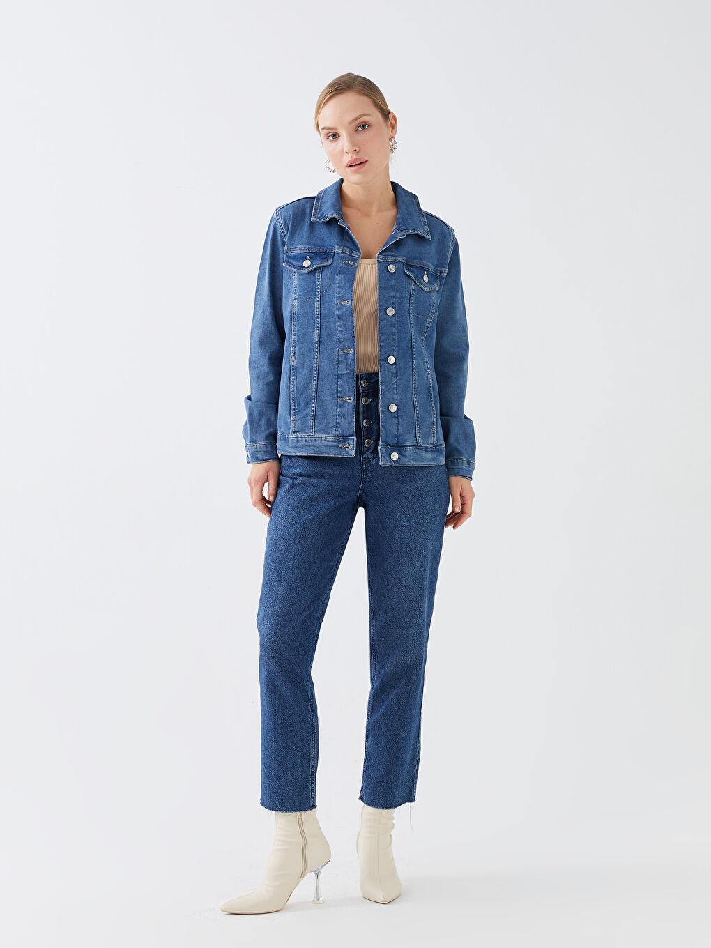 Geacă din denim cu guler de cămașă și mânecă lungă pentru femei-2