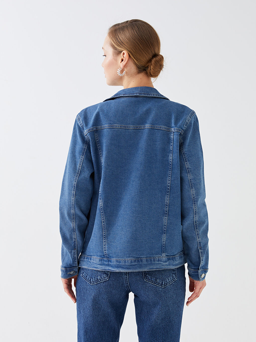 Geacă din denim cu guler de cămașă și mânecă lungă pentru femei-4