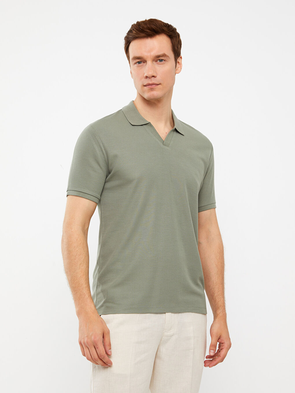 Haki Resort Yaka Kısa Kollu Erkek Tişört