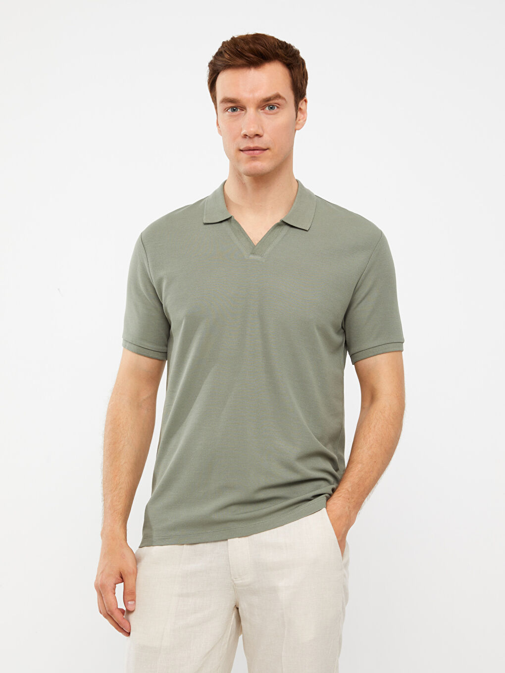 Haki Resort Yaka Kısa Kollu Erkek Tişört-1