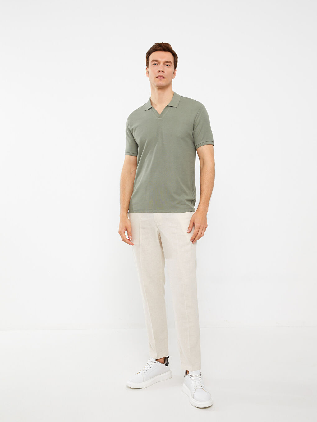 Haki Resort Yaka Kısa Kollu Erkek Tişört-2