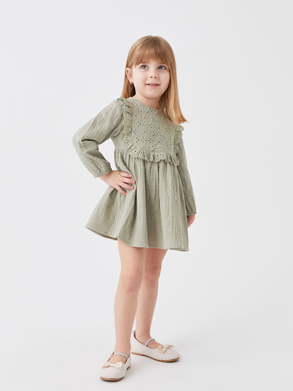 Crew Neck Long Sleeve Embroidered Baby Girls' Dress-1
