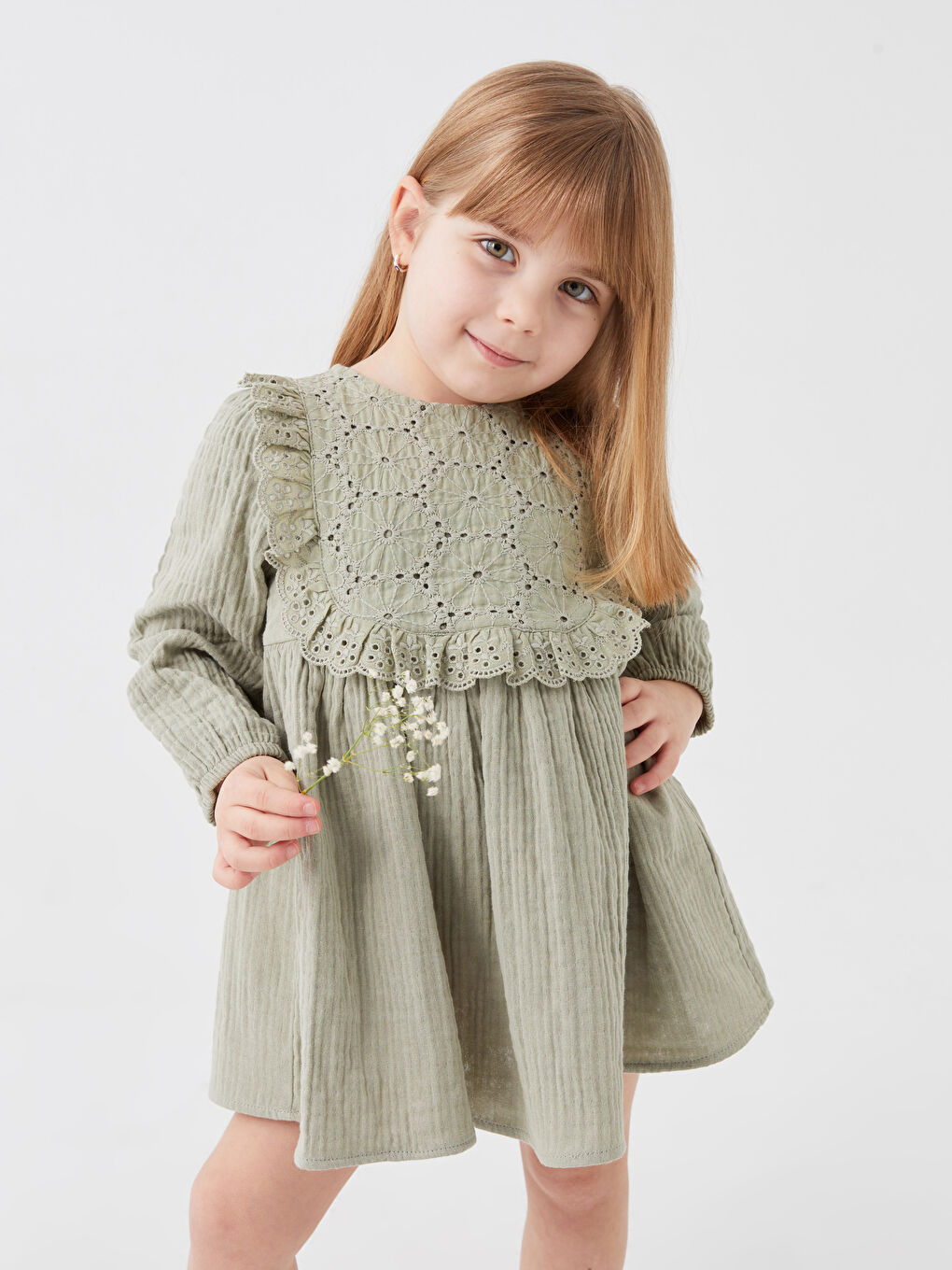 Crew Neck Long Sleeve Embroidered Baby Girls' Dress-2