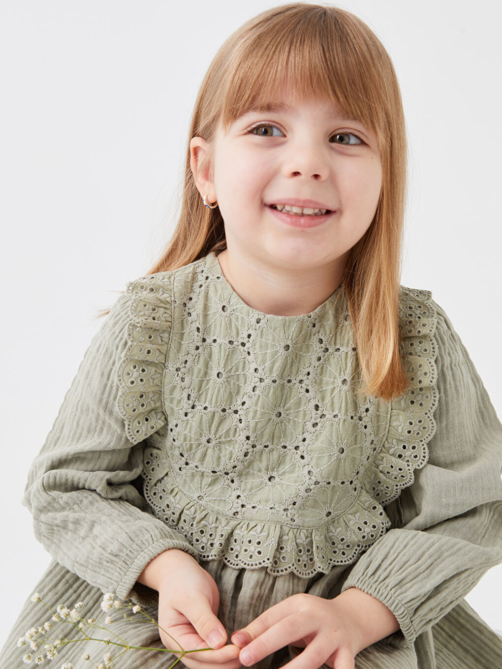 Crew Neck Long Sleeve Embroidered Baby Girls' Dress-3