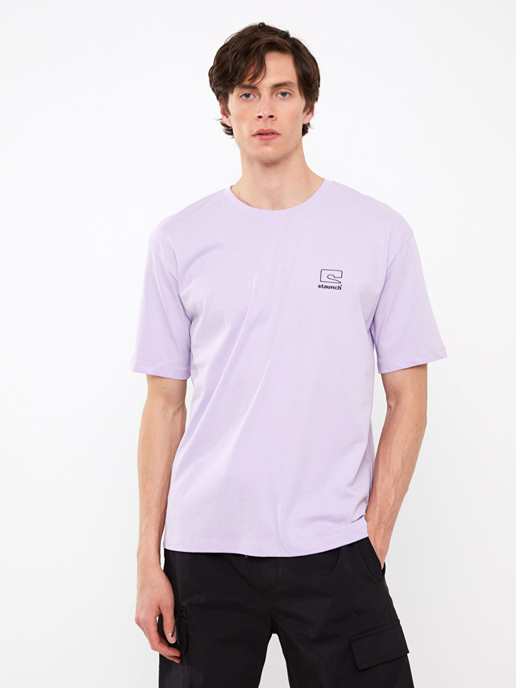 Lila Bisiklet Yaka Kısa Kollu Baskılı Erkek Tişört