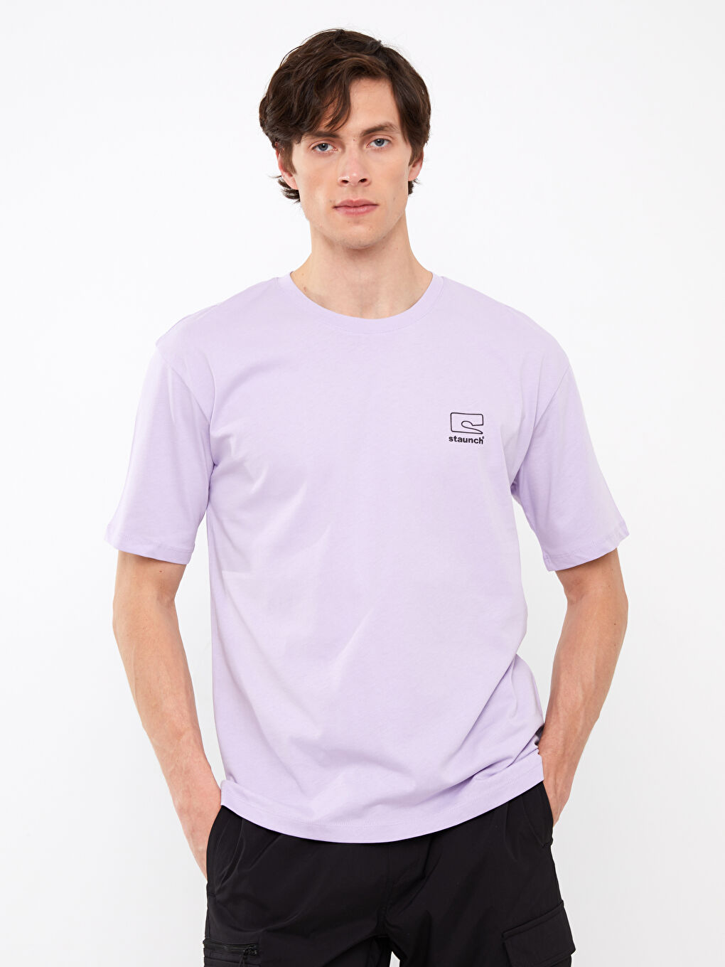 Lila Bisiklet Yaka Kısa Kollu Baskılı Erkek Tişört-1