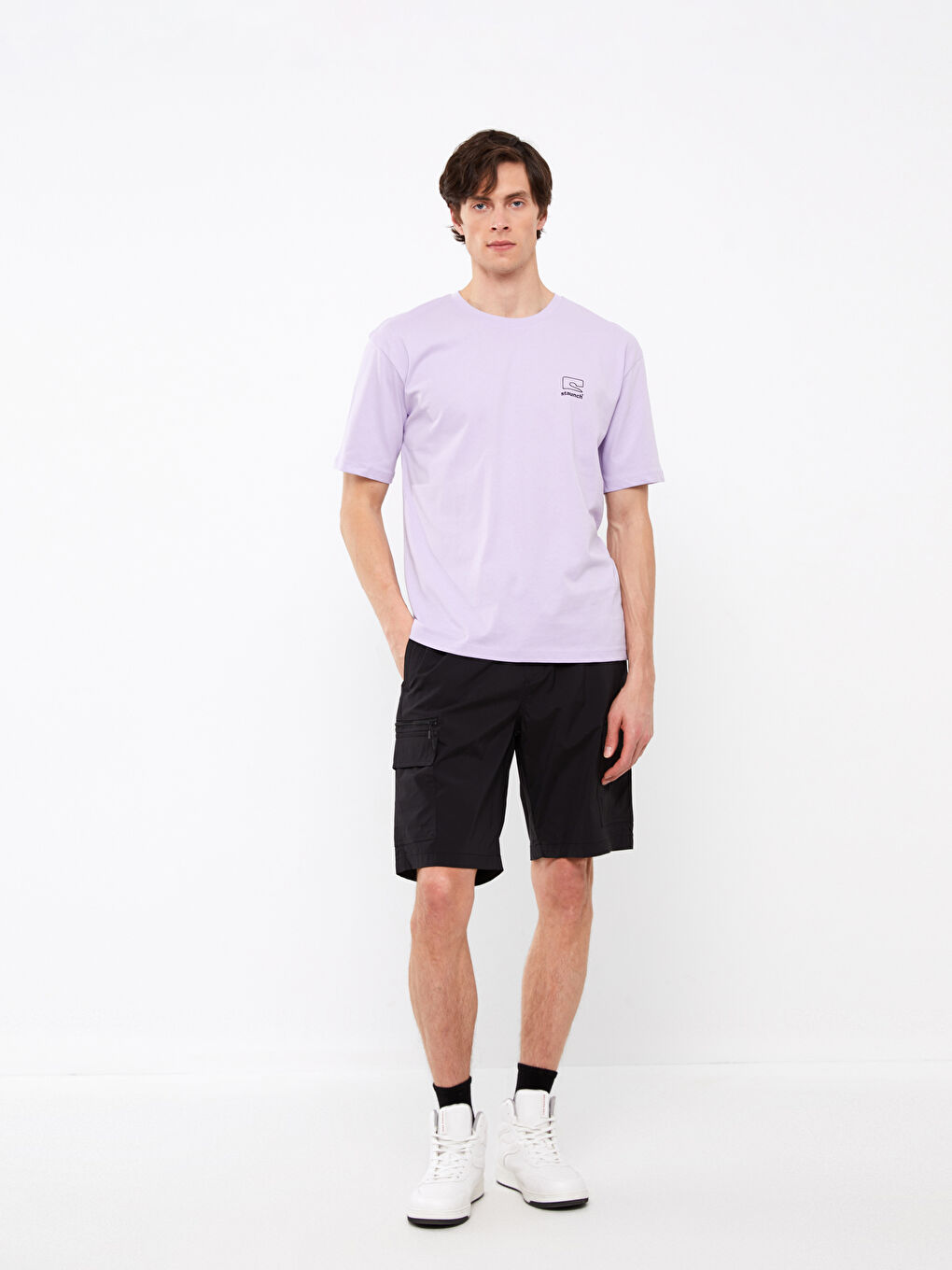 Lila Bisiklet Yaka Kısa Kollu Baskılı Erkek Tişört-2
