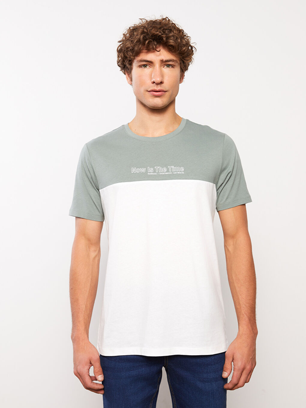 Yeşil Bisiklet Yaka Kısa Kollu Renk Bloklu Penye Erkek Tişört