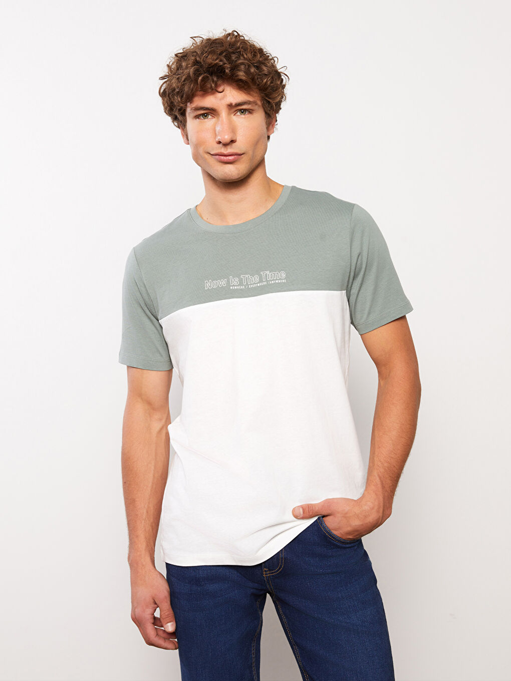 Yeşil Bisiklet Yaka Kısa Kollu Renk Bloklu Penye Erkek Tişört-1