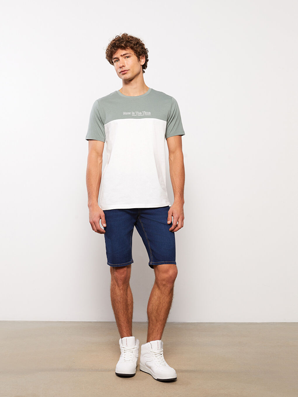 Yeşil Bisiklet Yaka Kısa Kollu Renk Bloklu Penye Erkek Tişört-2