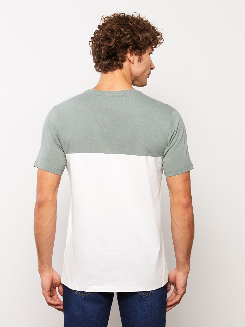 Yeşil Bisiklet Yaka Kısa Kollu Renk Bloklu Penye Erkek Tişört-4
