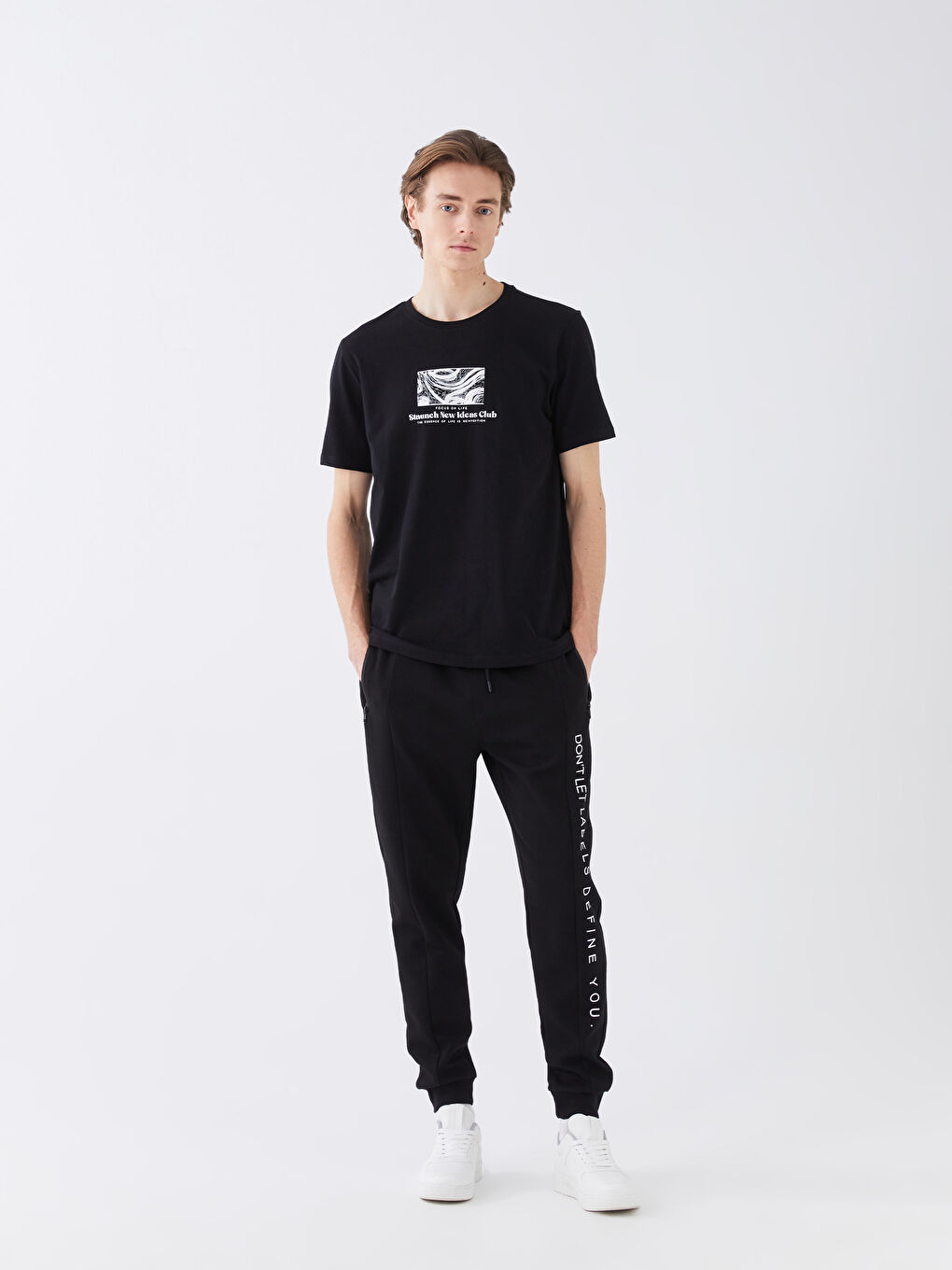 Siyah Bisiklet Yaka Kısa Kollu Baskılı Penye Erkek Tişört-2