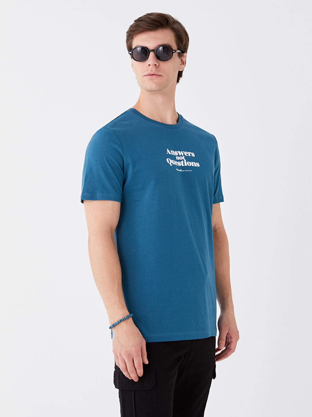 Petrol Bisiklet Yaka Kısa Kollu Baskılı Penye Erkek Tişört-1