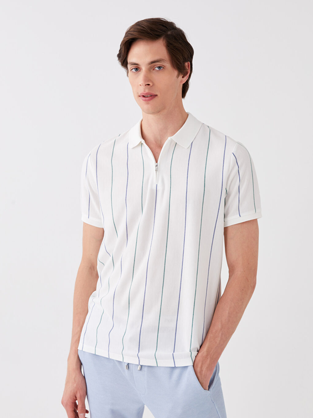 Ekru Polo Yaka Kısa Kollu Çizgili Erkek Tişört