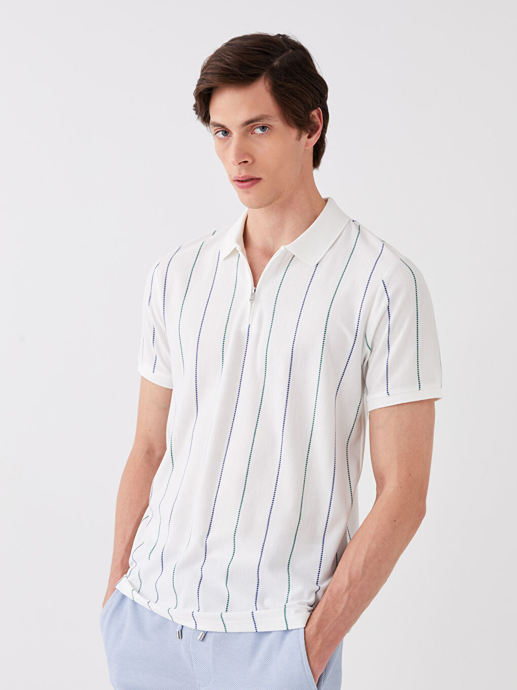 Ekru Polo Yaka Kısa Kollu Çizgili Erkek Tişört-1